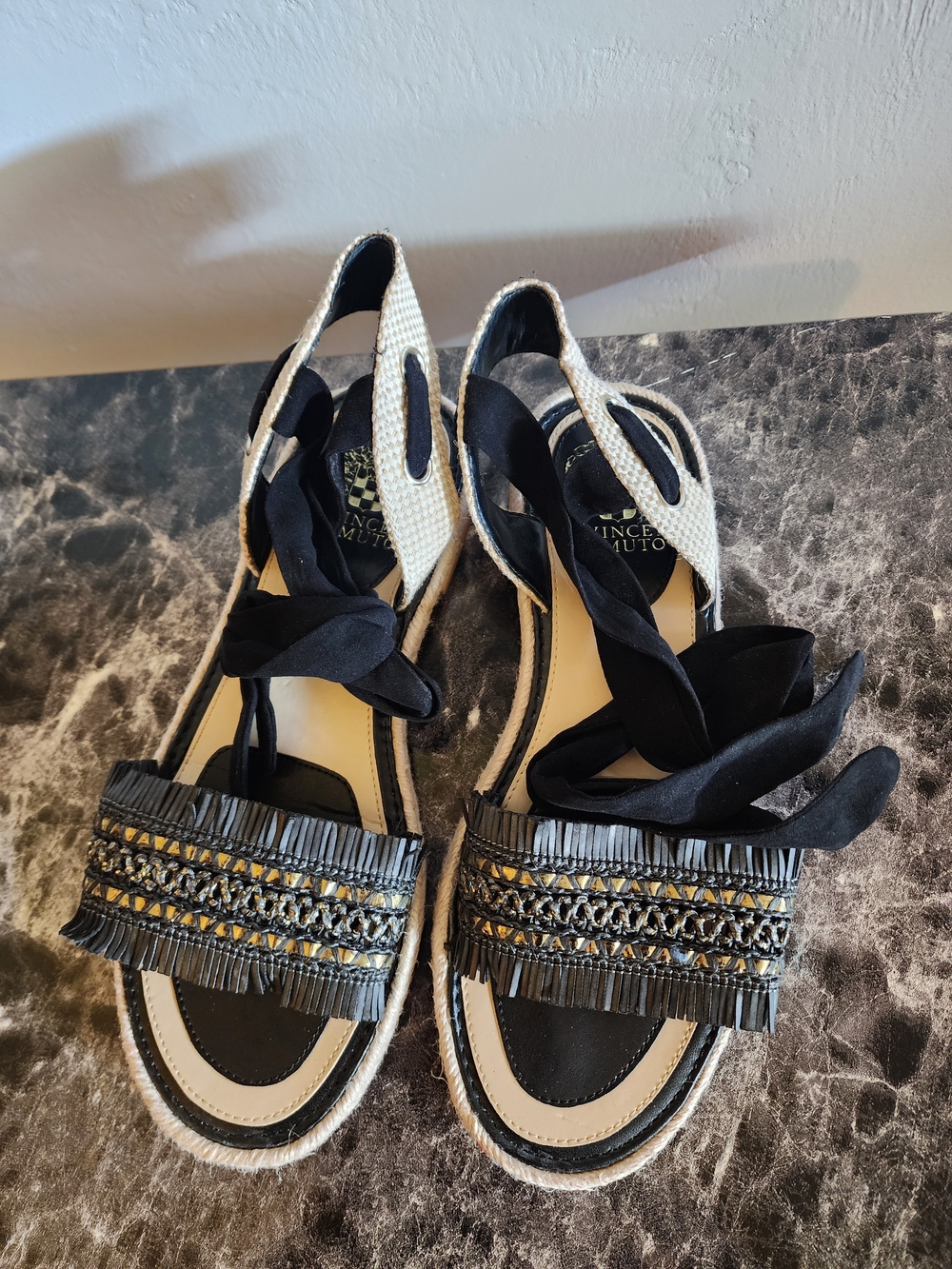 Vince Camuto Black and Cream Fringe Tie Up Sandals